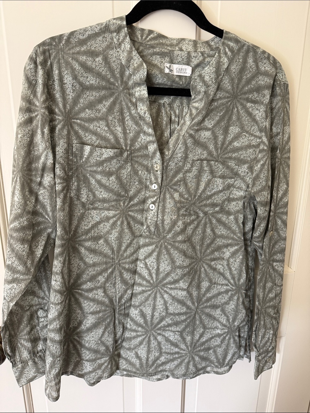 Carve Designs Olive Green Geometric Print Henley Blouse